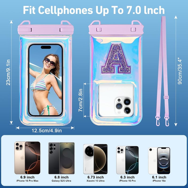 Razobws Waterproof Phone Pouch Floating, IPX68 Waterproof Phone Case with Lanyard for iPhone 16 15 14 13 12 Pro Max Samsung S25 S24 S23 S22, Up to 7 Inch, Beach Vacation Essentials, Sparkling Purple Letter - Image 2